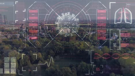 animación de un círculo escaneando las células del coronavirus covid19 sobre el paisaje urbano