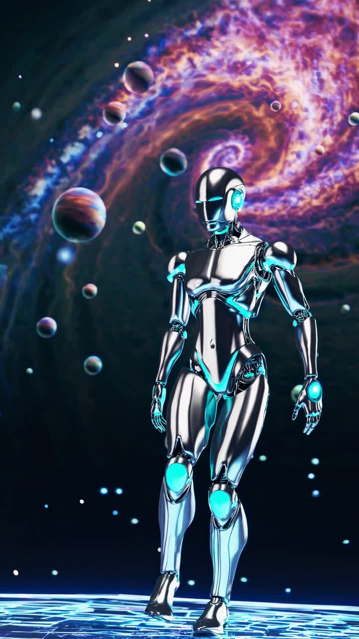 Futuristic robot in a cosmic setting, viewed from a low angle
