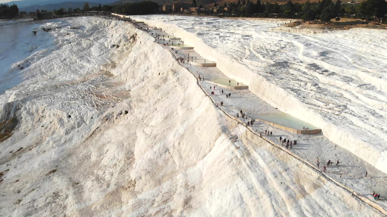 Aerial View of Tourists Walking on Pamukkale Travertine Terraces