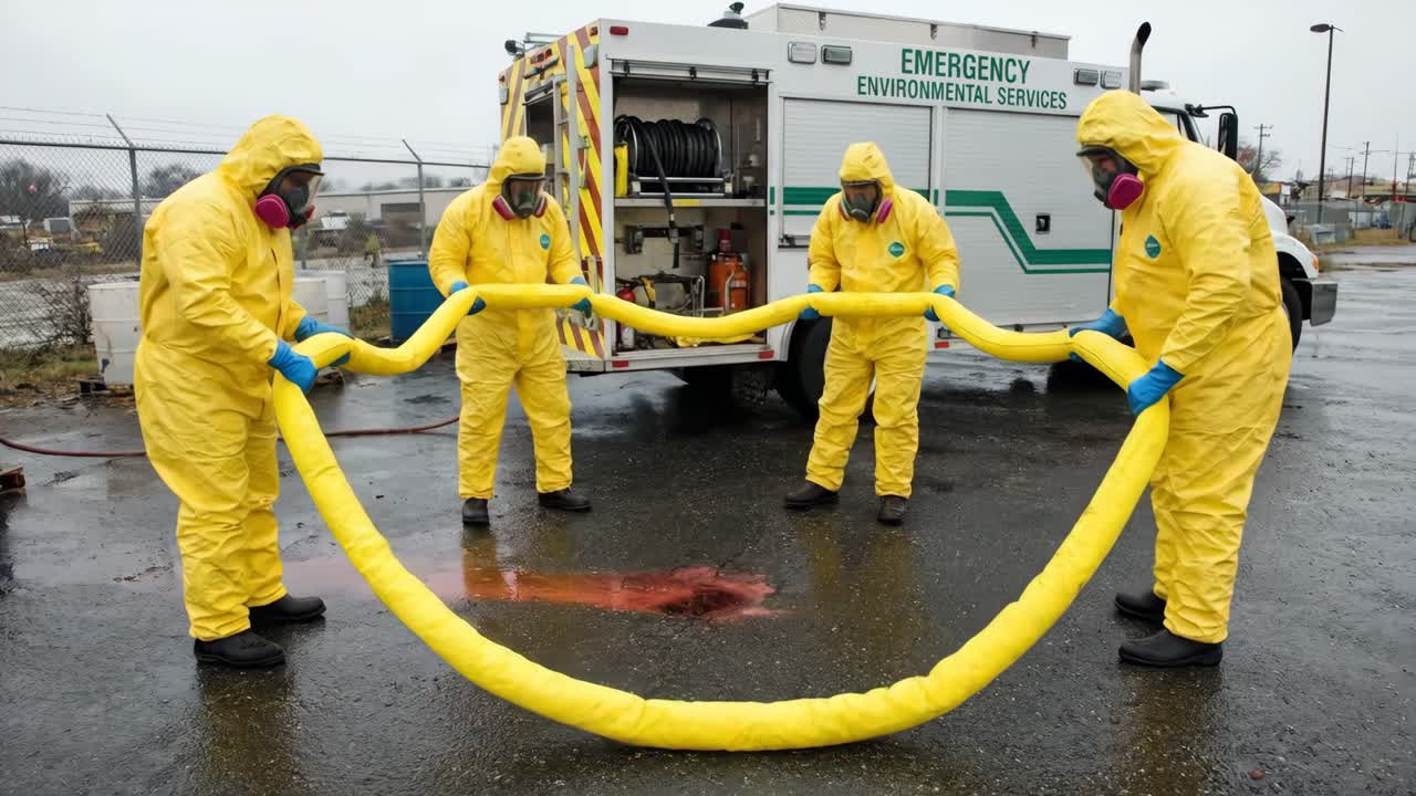 Team di emergenza per i servizi ambientali che contiene una fuoriuscita pericolosa