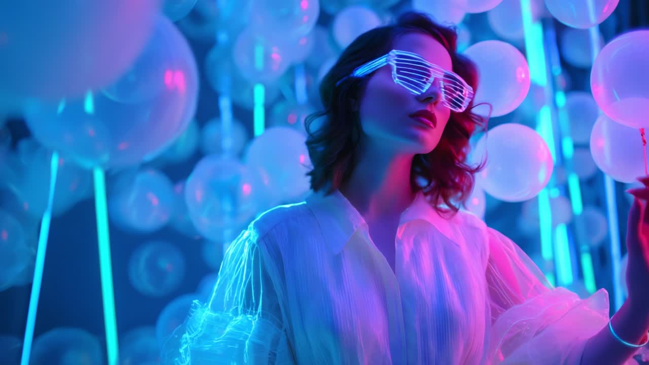 A Stylish Model Poses Amidst an Ethereal Atmosphere of Glowing Bubbles and Neon Lights, Showcasing Futuristic Fashion in Striking Sunglasses and a Trendy Outfit