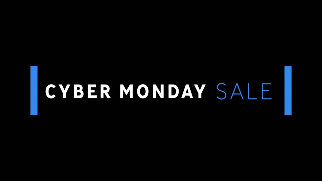 texto de venta blanco y azul de cyber monday que aparece contra una pantalla negra