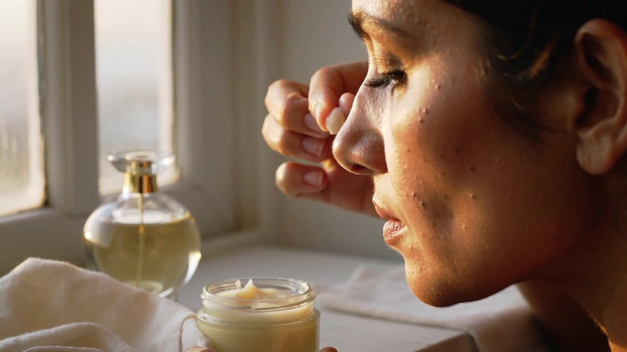 Reagindo à luz, mulher mergulhando o dedo em pote de creme no parapeito, inalando o perfume, com espaço para texto.
