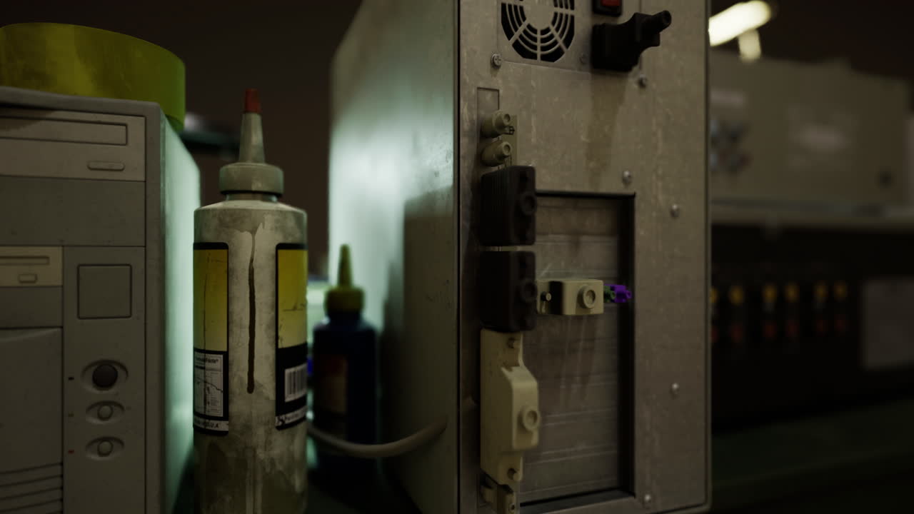 Old computer equipment and paint supplies in a dimly lit workspace