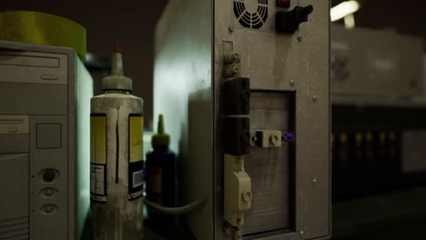 old computer equipment and paint supplies in a dimly lit workspace