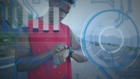 animación del procesamiento de datos sobre un corredor afroamericano con un reloj inteligente