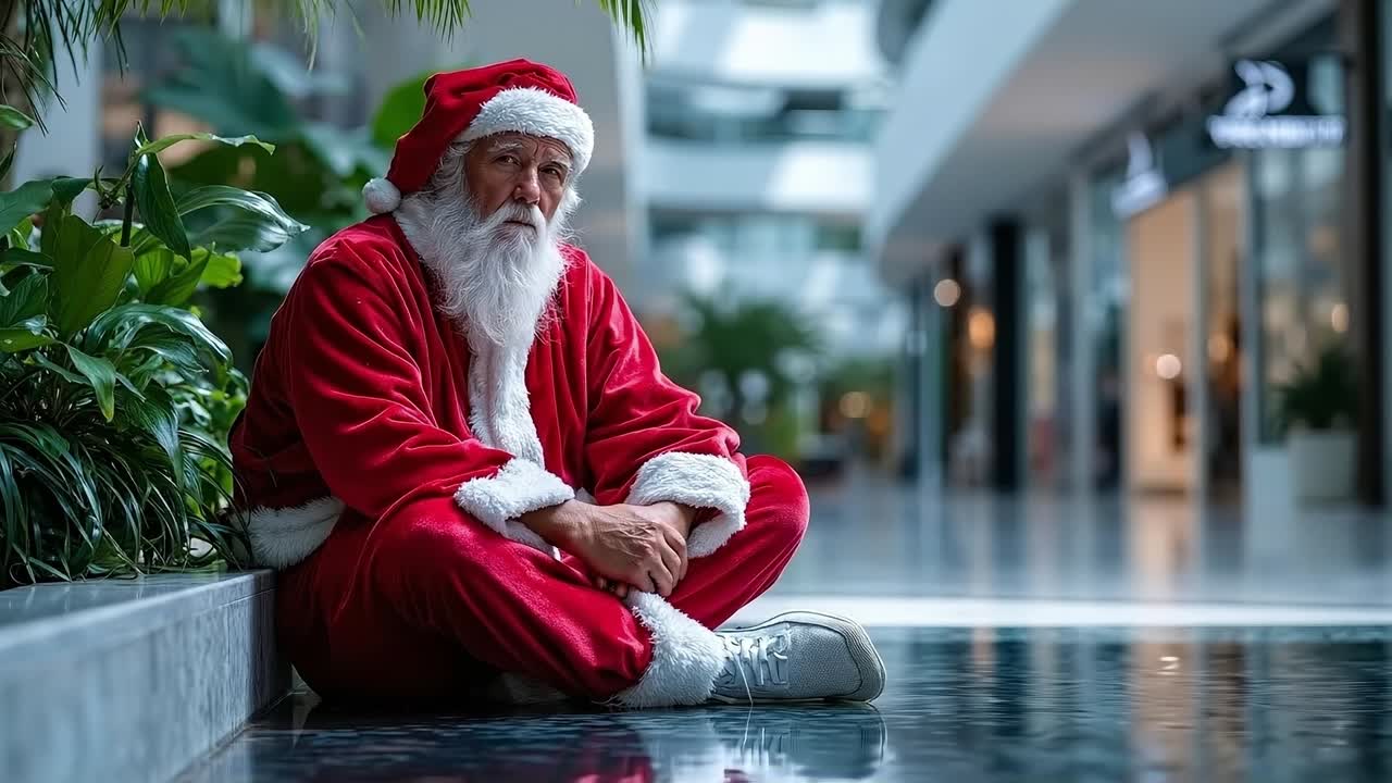 A man dressed as Santa Claus sitting on the ground smoking a cigarette
