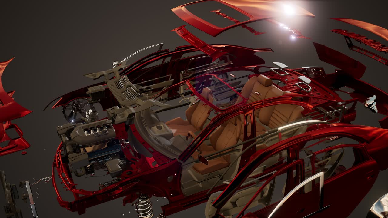 눈에 띄는 부분이 있는 분해된 자동차