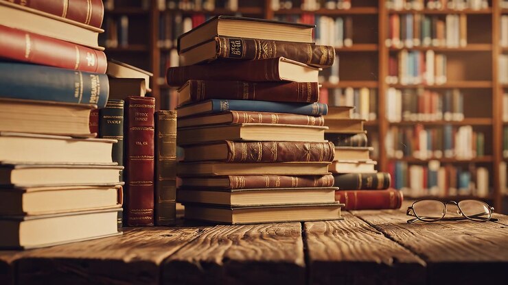 Libri in pelle vintage impilati su un rustico tavolo da biblioteca.