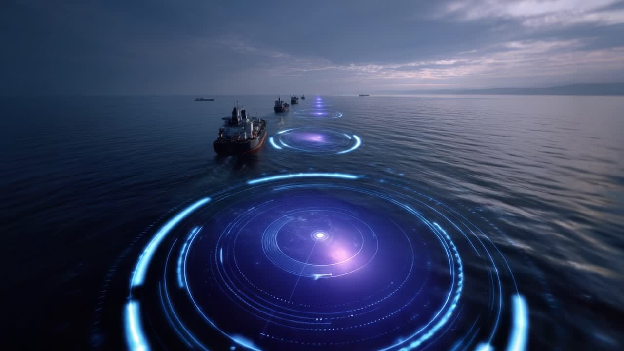Imbarcazioni navigano attraverso anelli luminosi e futuristici su acque oceaniche calme. Impulsi di energia blu illuminano il mare. La tecnologia si fonde con la natura in questa scena marittima fantascientifica. Ideale per temi di innovazione.