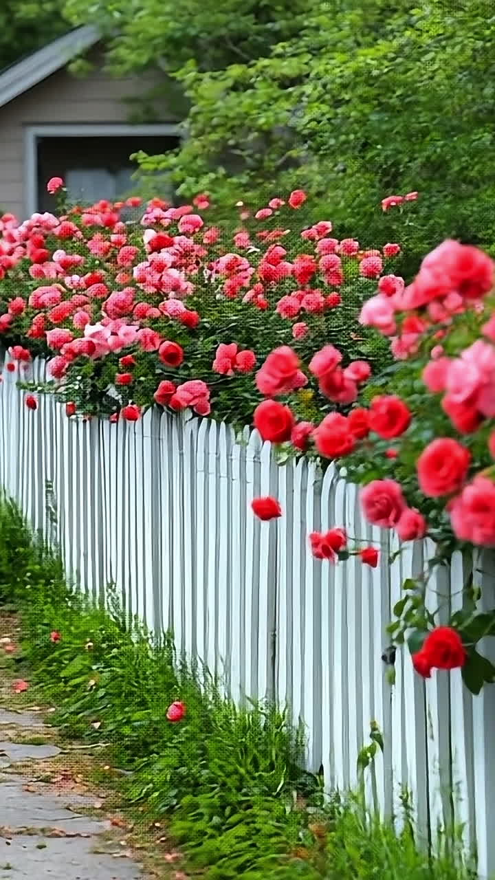 Caminho de roseiral em flor. Rosas coloridas ladeiam um charmoso caminho, realçando a atmosfera pacífica de um jardim na primavera.