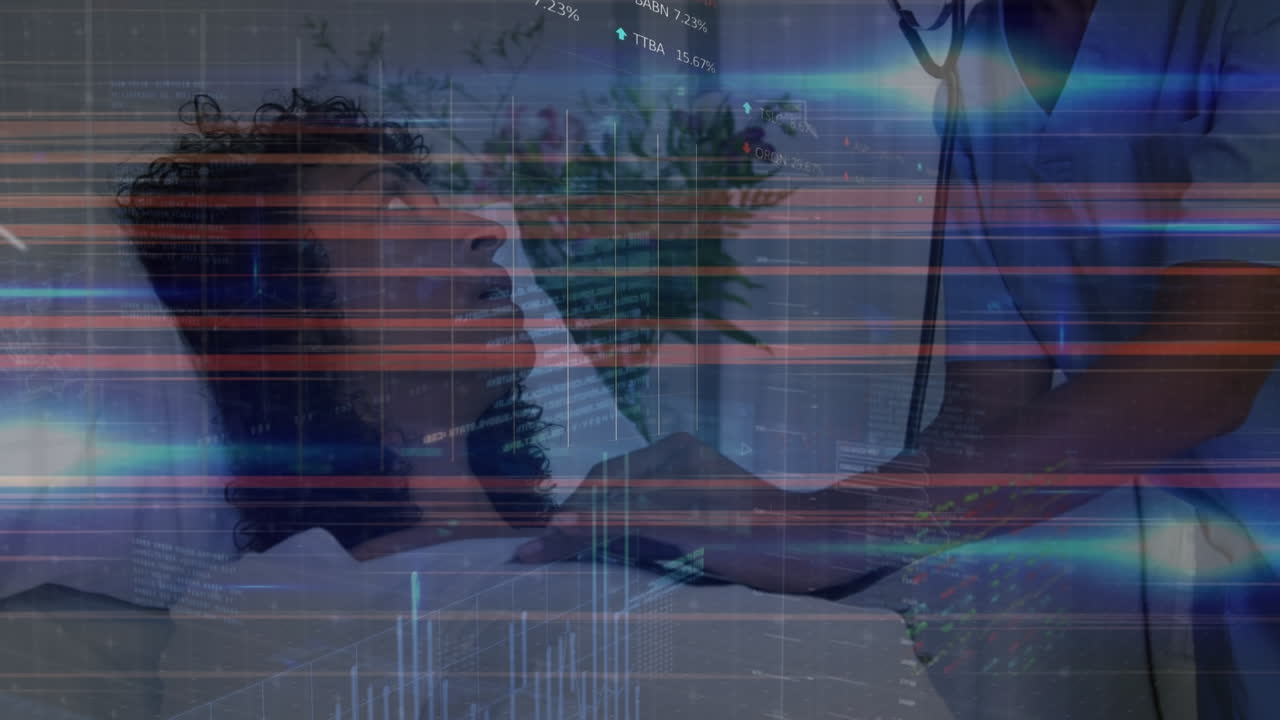 아프리카계 미국인 의사가 환자를 치료하는 데이터 처리의 애니메이션