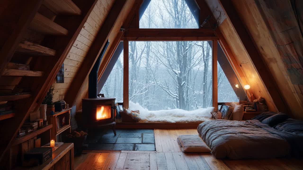 Cozy Winter Retreat: An Inviting A-Frame Cabin Interior Showcasing a Warm Hearth, Soft Textiles, and a Breathtaking Snowy View Outside Through Expansive Windows