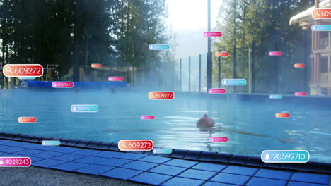 swimming in pool, person surrounded by floating data tags animation