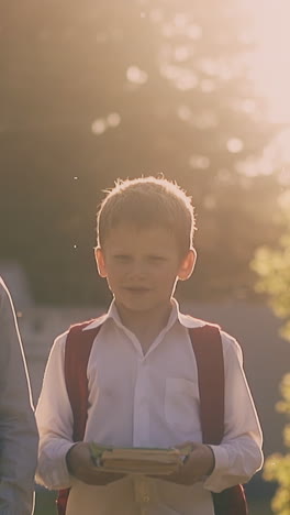 serious kids in school uniform lit by back sunlight walk against trees holding books after passing exam slow motion