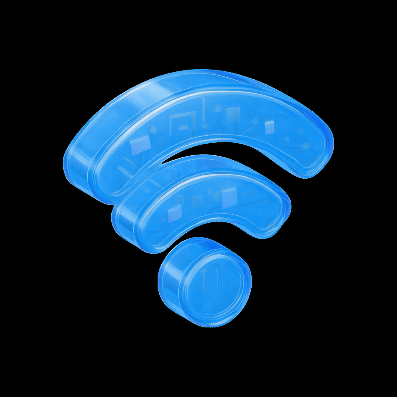 Blankt blåt 3D Wi-Fi-symbolanimation isoleret aktiv, transparent 4K video, alpha channel, ProRes