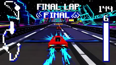 red sports car racing on final lap through retro pixel art cityscape, navigating neon lit urban landscape with high speed competitive intensity