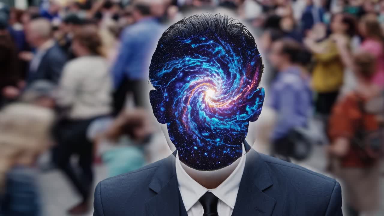 Man in suit with swirling galaxy face stands amidst busy crowd, capturing the essence of individuality and cosmic connection in a vibrant urban environment