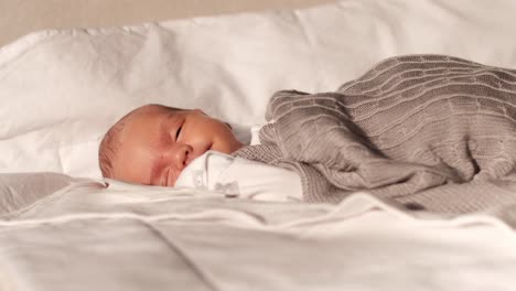 newborn baby boy falling asleep on sofa in living room while enjoying rays of sunlight