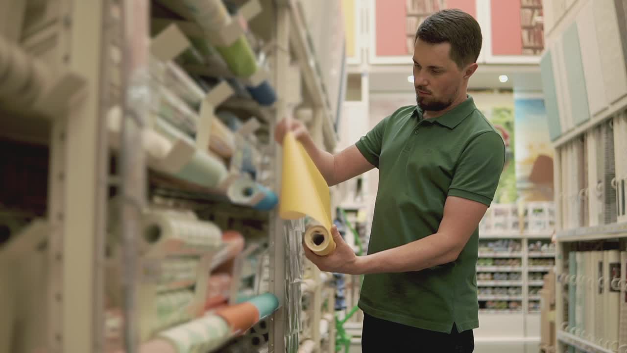 Uomo che compra carta da parati in un negozio di bricolage