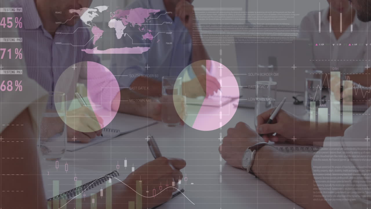 animación de estadísticas y procesamiento de datos financieros sobre empresarios en reuniones