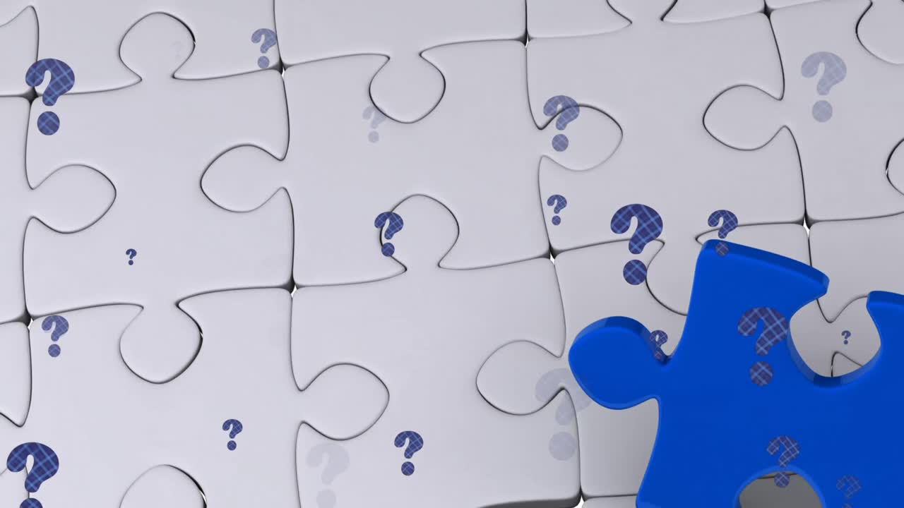animación de signos de interrogación sobre rompecabezas blancos