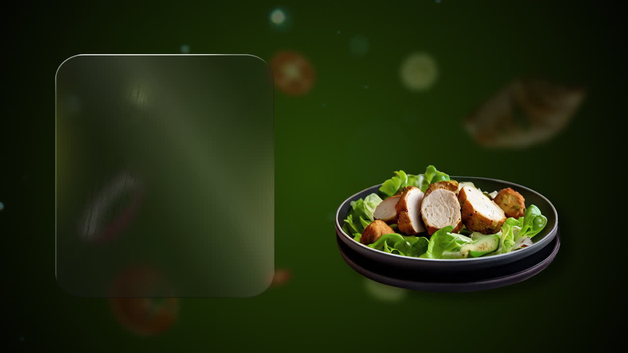 Grilled chicken chicken fillet salad, With lettuce and cucumbers Animation - promote your pizzeria with glowing glass space for titles, offers or prices
