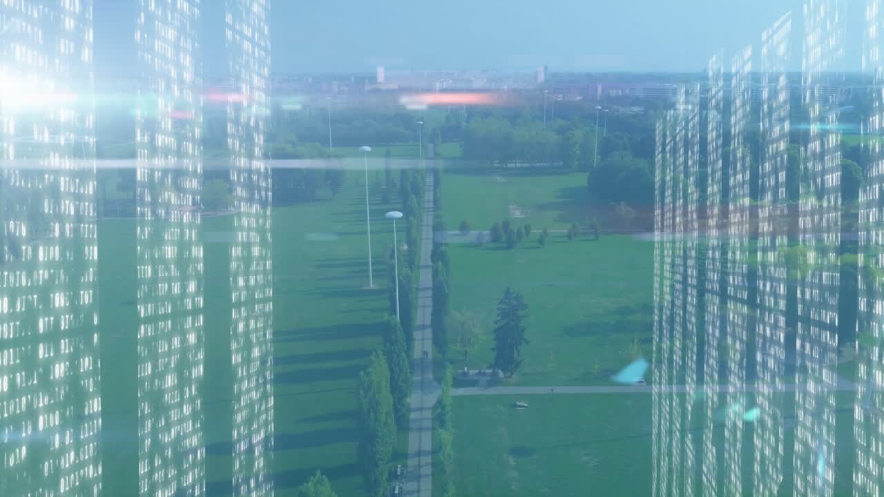 binary code columns appearing at park edges flickering framing pathway for futuristic effect
