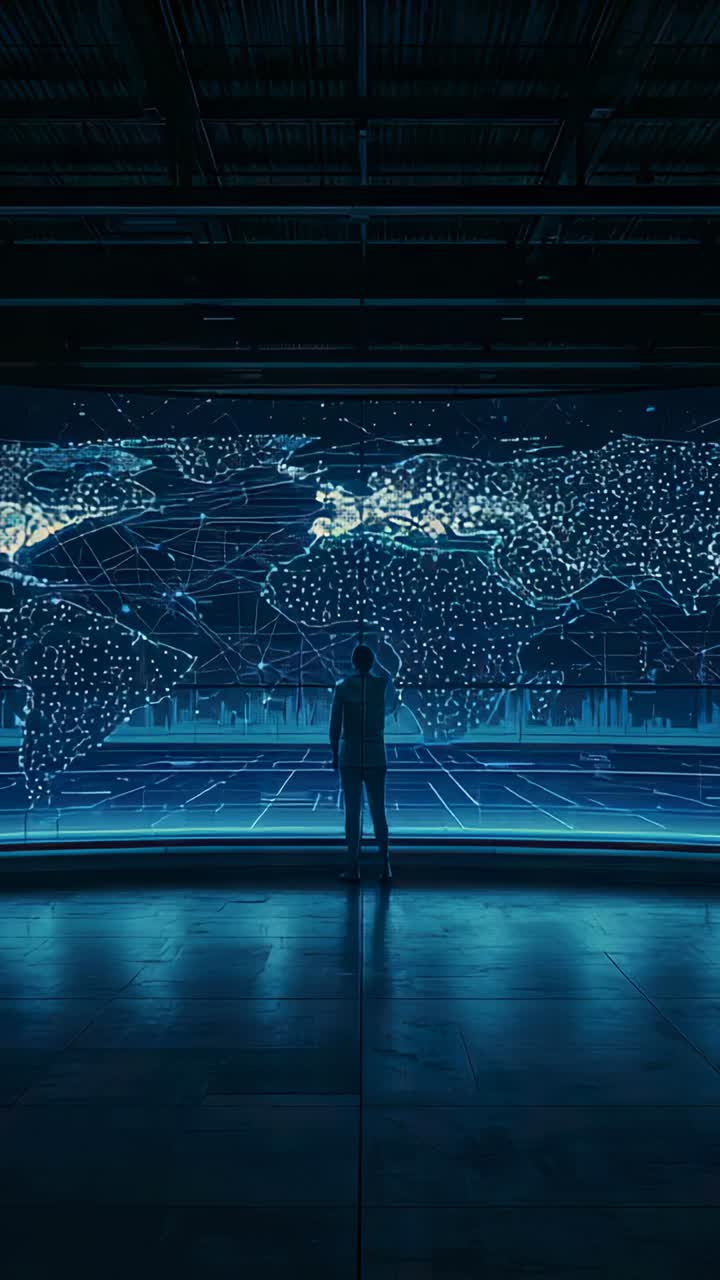 Vertical video: Standing man monitoring network map updating on wide display in dark hall, in suit