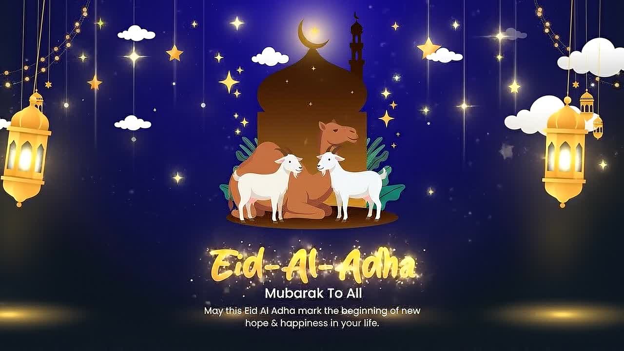 Animazione banner notturno festivo dell'Eid al-Adha con cammelli, capre, moschea, lanterne e stelle luminose sospese
