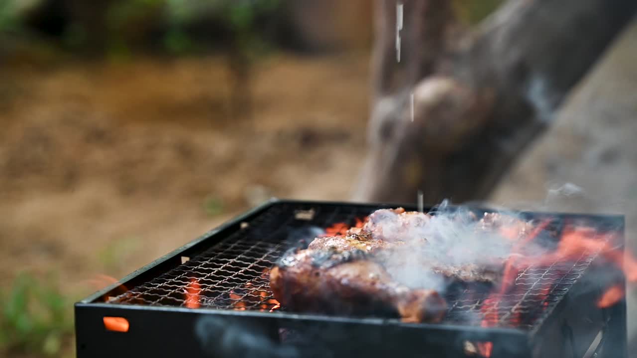 Slow-motion shot of oil poured over marinated chicken drumsticks on a flaming BBQ grill in a backyard. The sizzling oil and fire create a dramatic, appetizing scene for food, lifestyle, and nutrition