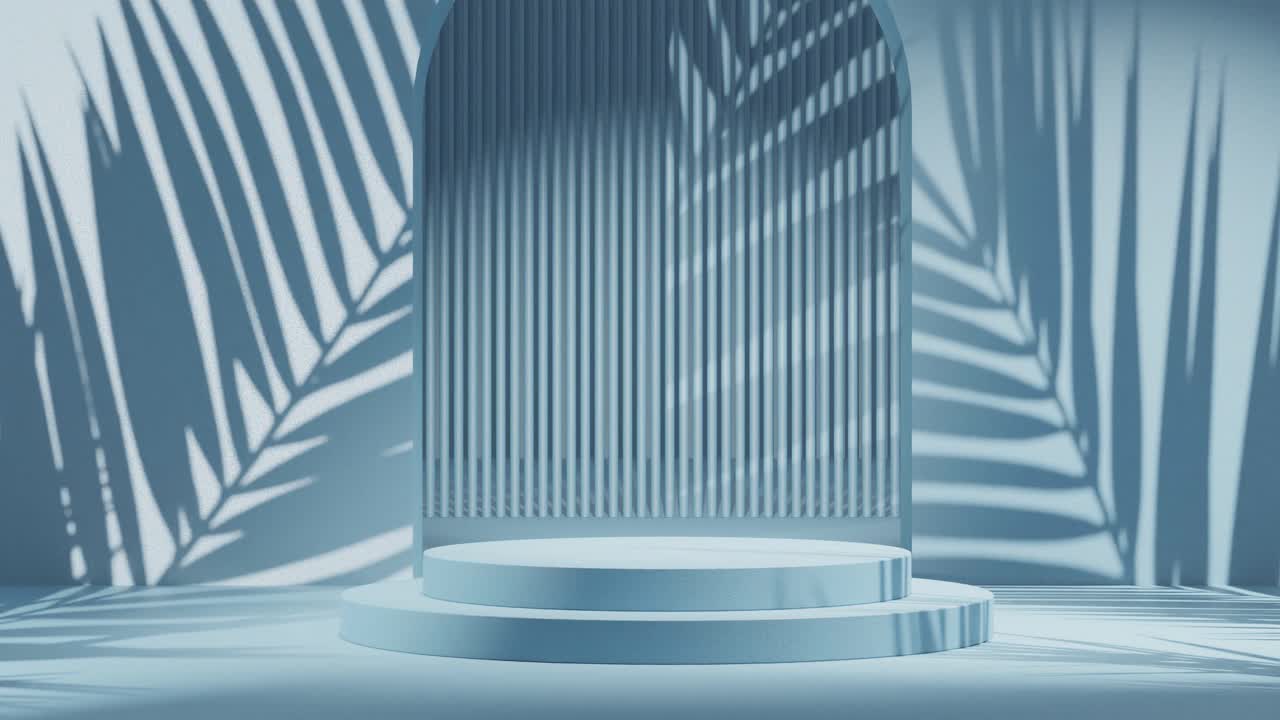 pantalla azul mínima para fondo cosmético soporte de producto con ambiente de playa, renderización 3d, bucle de animación de ilustración 3d