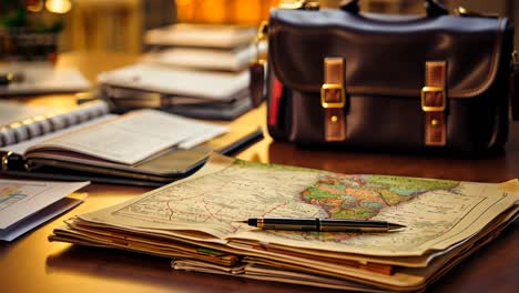 vintage map and pen on a wooden table with a leather bag nearby