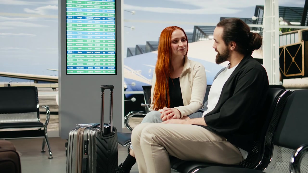 Giovane coppia seduta nella lounge dell'aeroporto prima di una vacanza internazionale