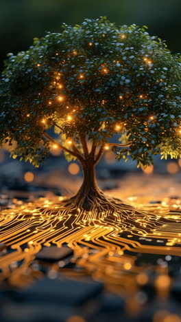 tree on circuit board lights. a tree emerges from a circuit board, its roots intertwining with electronics while glowing lights illuminate the scene.