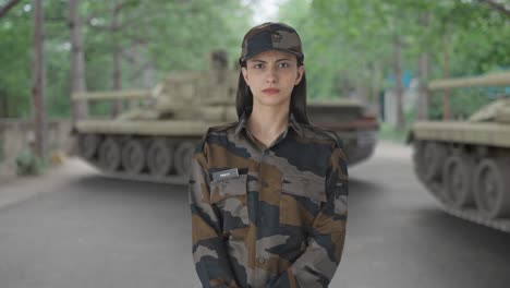 angry indian woman army officer looking at the camera