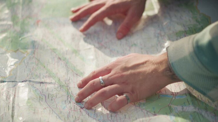 Mains sur une carte planifiant un itinéraire, gros plan sur des mains baguées traçant des lignes topographiques, douce lumière du soleil sur une carte de papier pliée étalée sur le sol, paisible anticipation pendant la préparation d’un voyage en plein air.