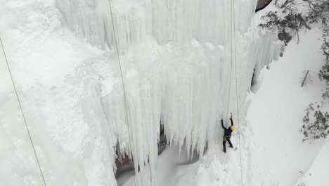 ice climbing on a nice formation from a drone's view