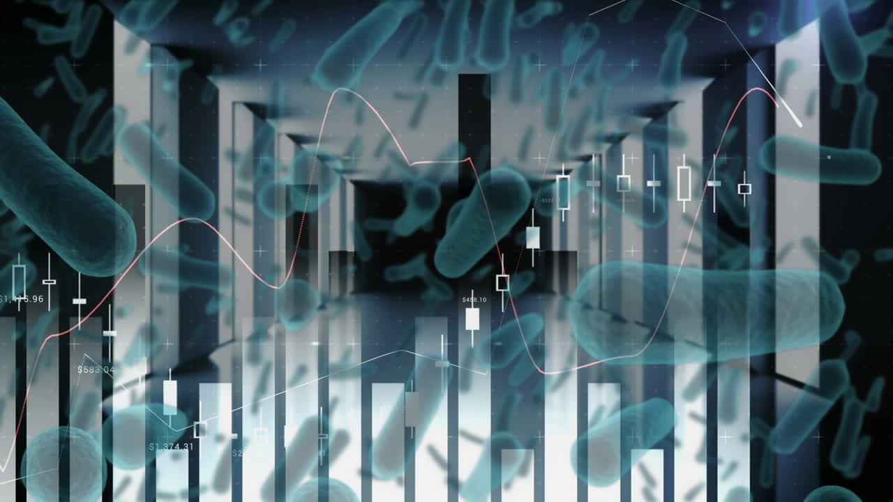 Animation of macro Covid-19 cells spreading over statistics showing in the background.