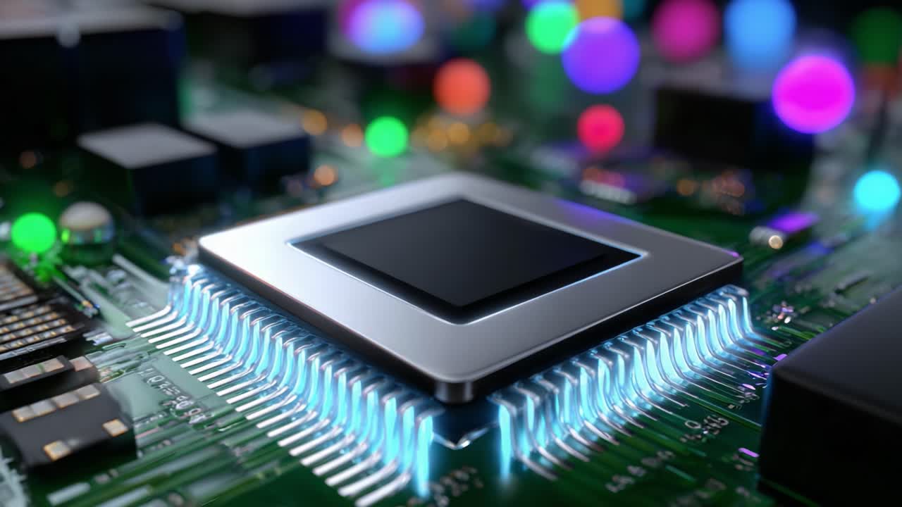 Close-up View of a Cutting-Edge Microprocessor on a Circuit Board Surrounded by Vibrant LED Lights Highlighting the Complexities of Modern Technology and Electronics
