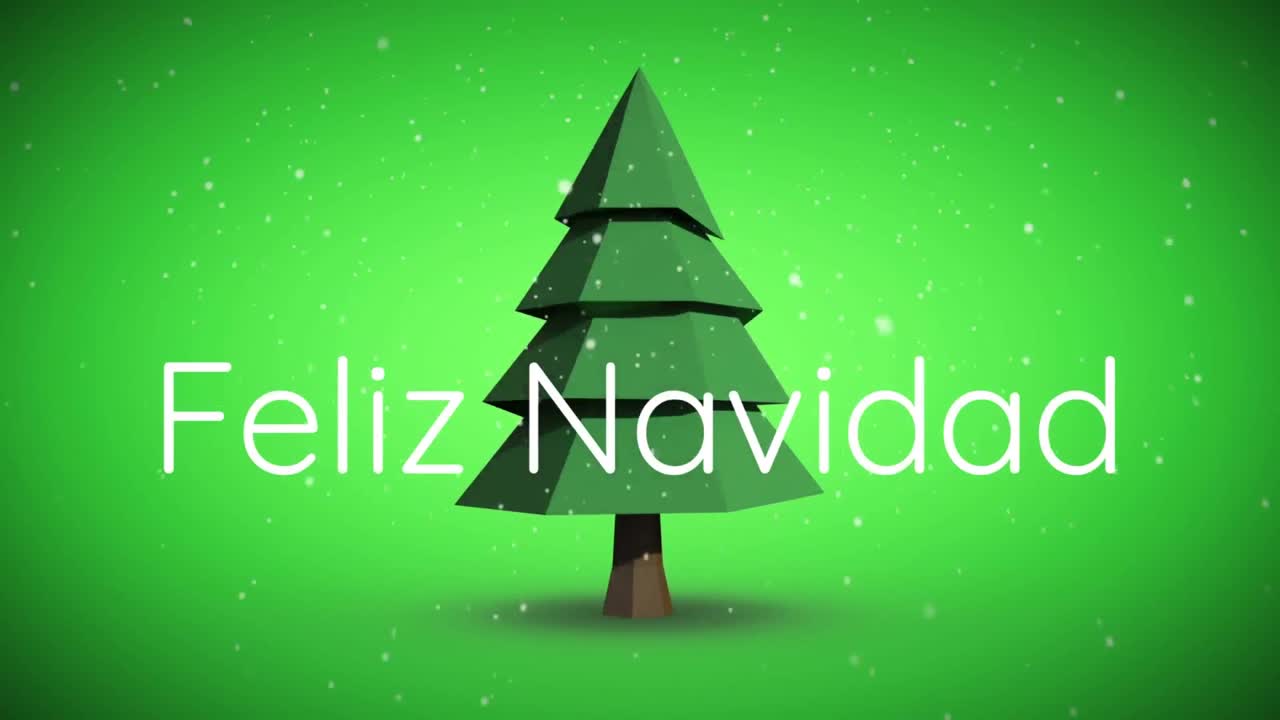 animación de feliz navidad texto sobre árbol de navidad y nieve cayendo sobre fondo verde
