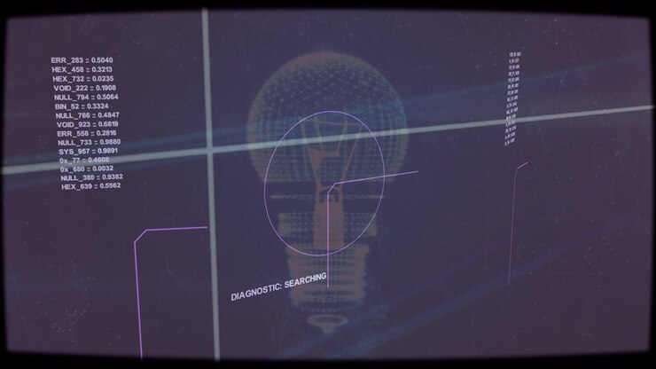 Display initializing, running diagnostic scan with hologram bulb aligning reticle to check filament