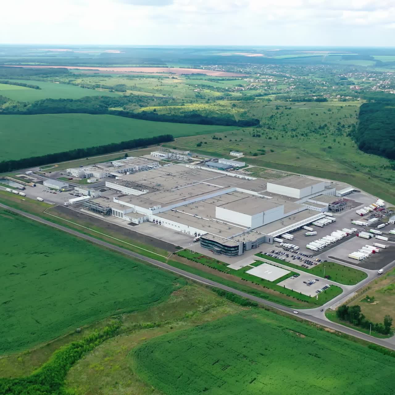 Drone shot of industrial factory. Aerial drone view of factory industrial zone