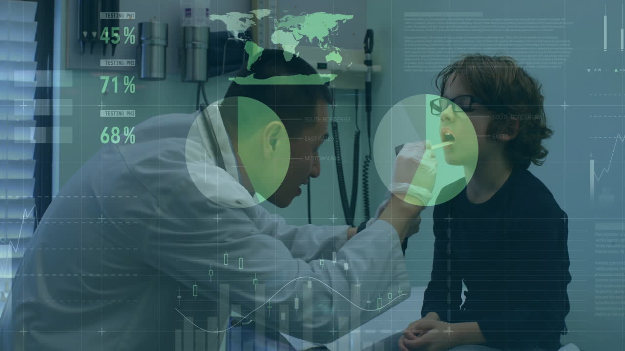 Animation of financial data processing over diverse male doctor and boy patient