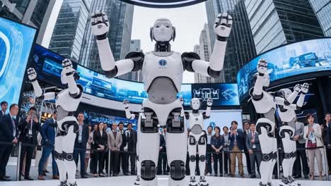a showcase of advanced robotics: engaging humanoid robots demonstrating cutting-edge technology to enthusiastic audience in a cityscape environment
