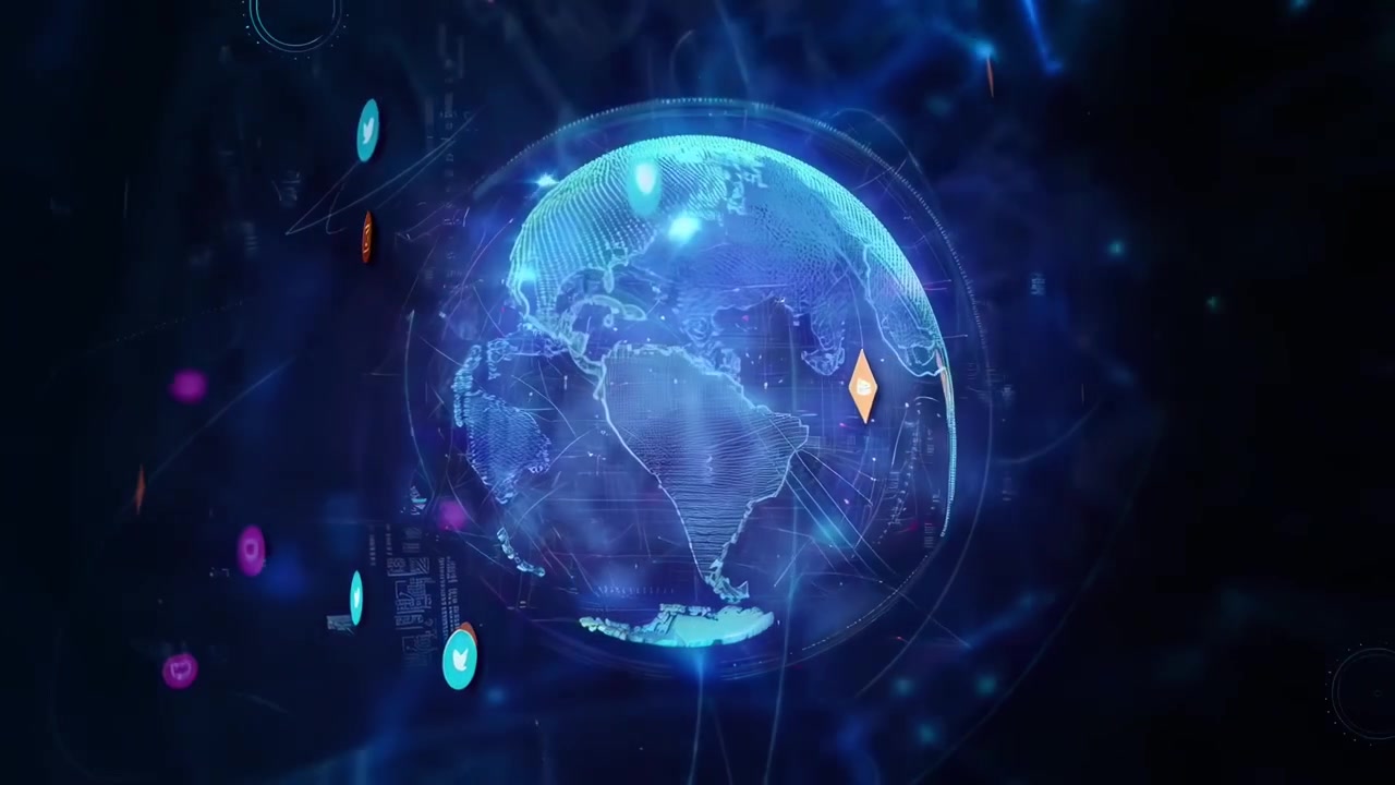 Digital Globe with Social Media Icons and Glitch Effects