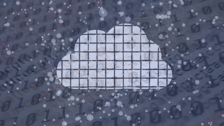 Animation of network of connections with digital cloud and binary coding