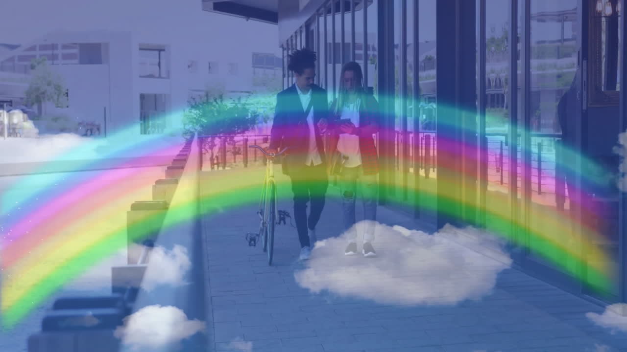 Two men walking walkway, checking smartphone amid technology overlay featuring rainbow arc clouds