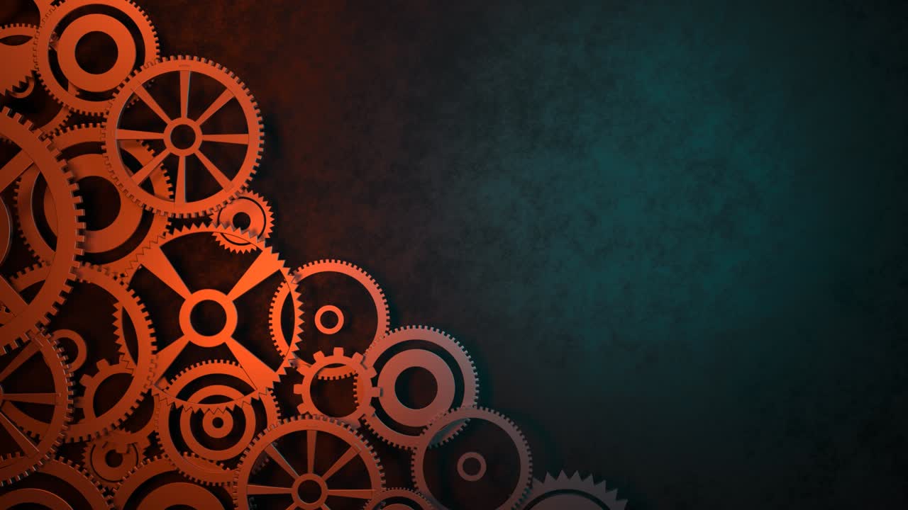 Many gears rotate as concept of any mechanism or team work. Technical 3d background 4k seamless loop with copy space