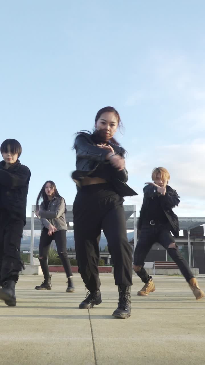 Young STREET PERFORMER performing on the street. Seven chinese teenagers dancing kpop
